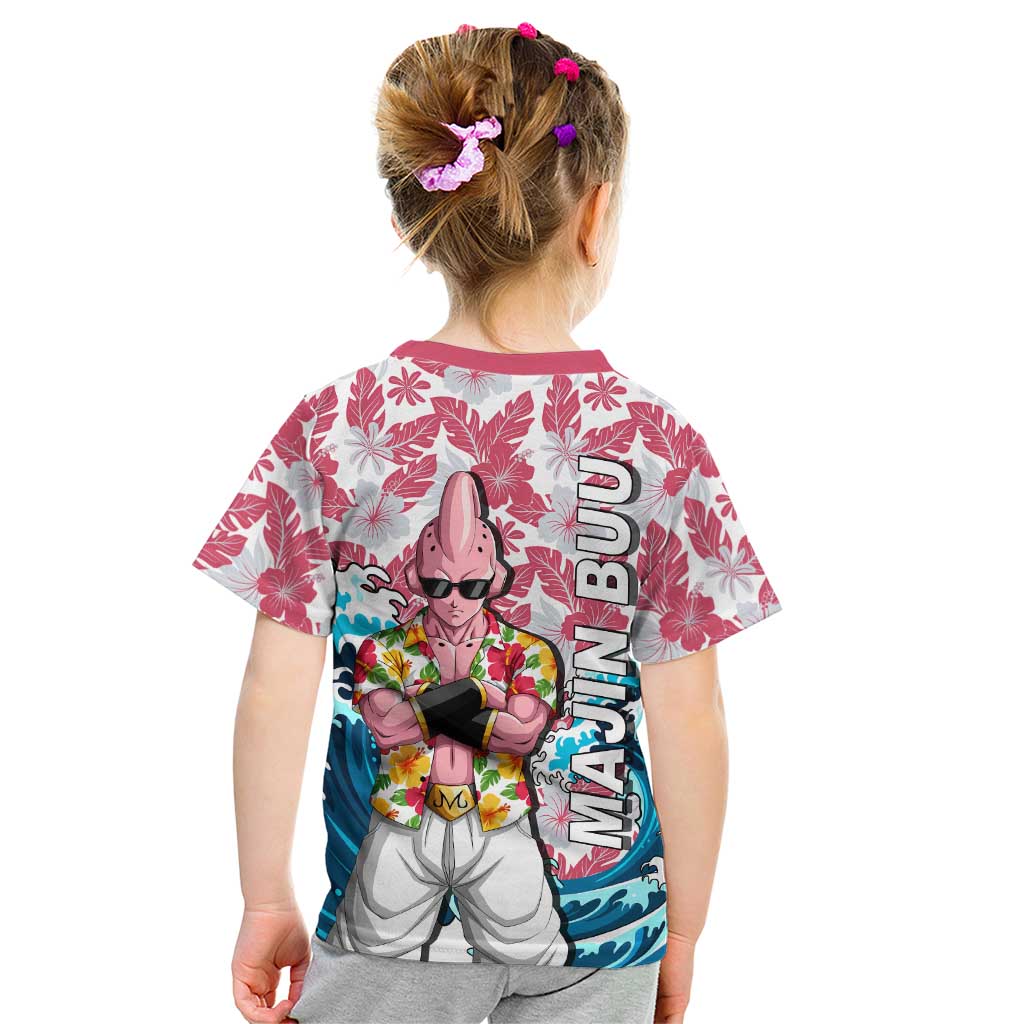 Majin Buu Dragon Ball Summer Theme Kid T Shirt with Floral Shirt Sunglasses Shenron and Ocean Wave Background - The Mazicc