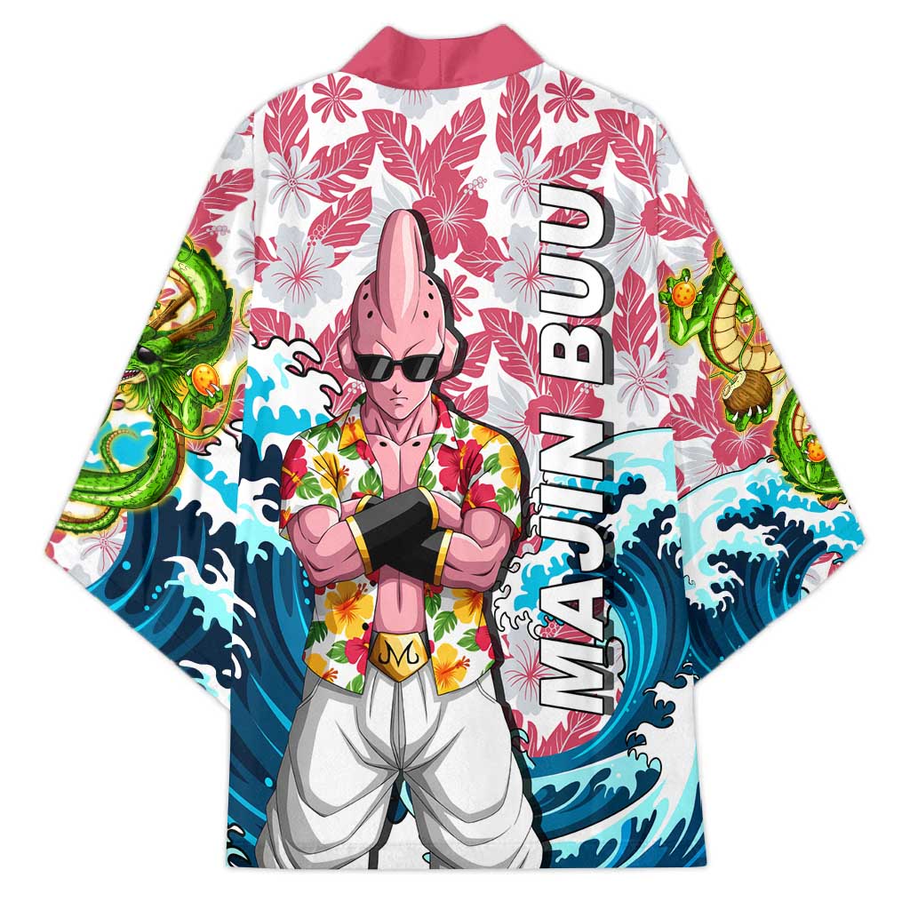 Majin Buu Dragon Ball Summer Theme Kimono with Floral Shirt Sunglasses Shenron and Ocean Wave Background - The Mazicc