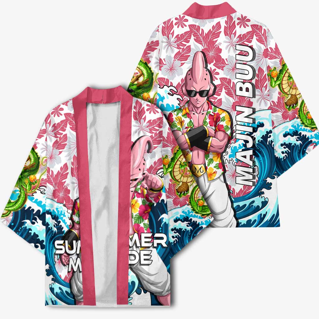 Majin Buu Dragon Ball Summer Theme Kimono with Floral Shirt Sunglasses Shenron and Ocean Wave Background - The Mazicc