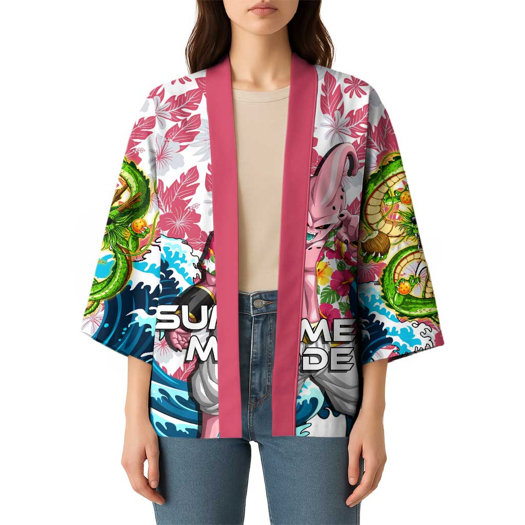 Majin Buu Dragon Ball Summer Theme Kimono with Floral Shirt Sunglasses Shenron and Ocean Wave Background - The Mazicc