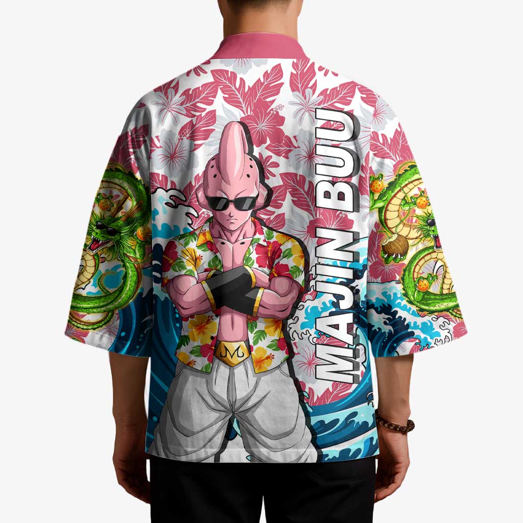 Majin Buu Dragon Ball Summer Theme Kimono with Floral Shirt Sunglasses Shenron and Ocean Wave Background - The Mazicc