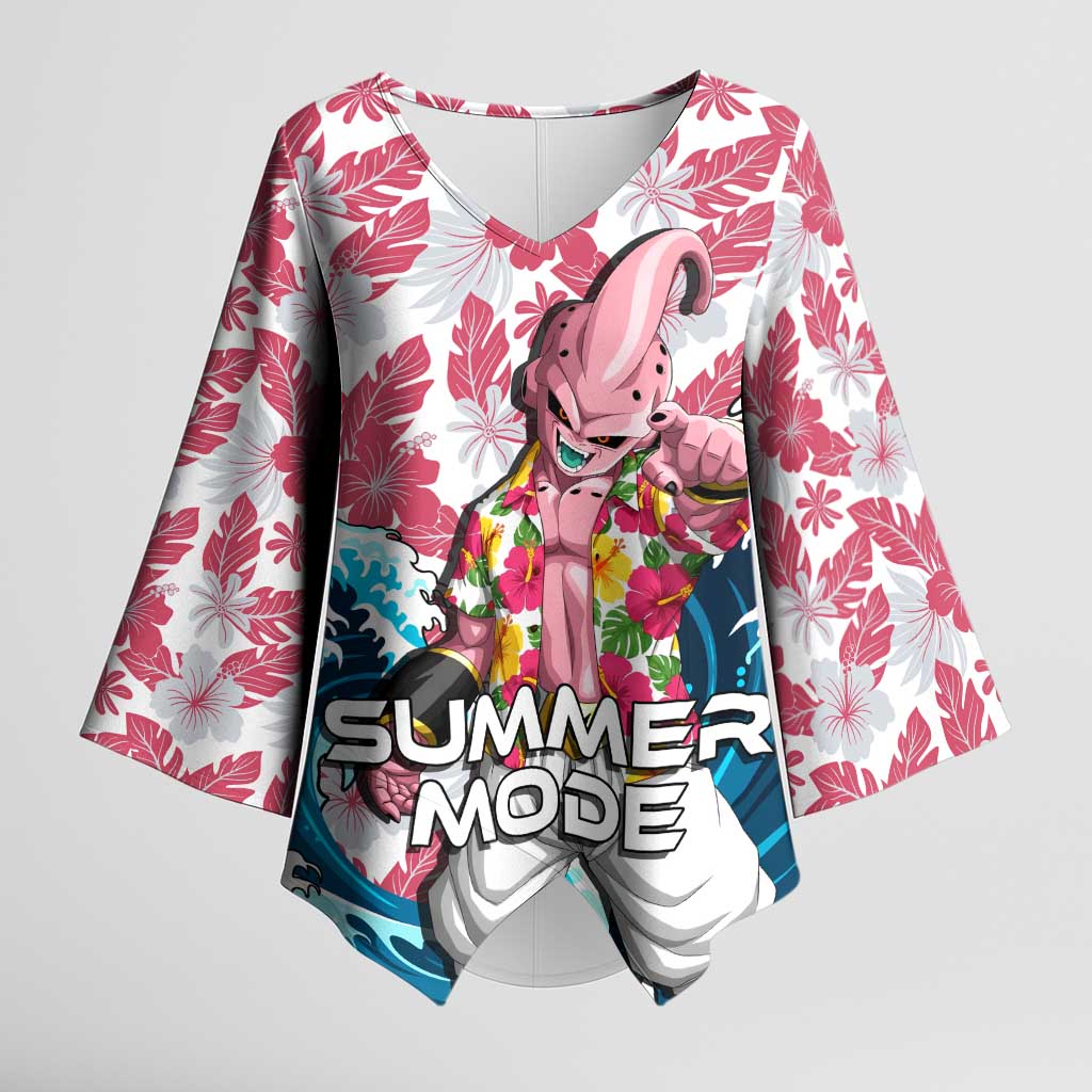 Majin Buu Dragon Ball Summer Theme Kimono Sleeve Blouse with Floral Shirt Sunglasses Shenron and Ocean Wave Background - The Mazicc