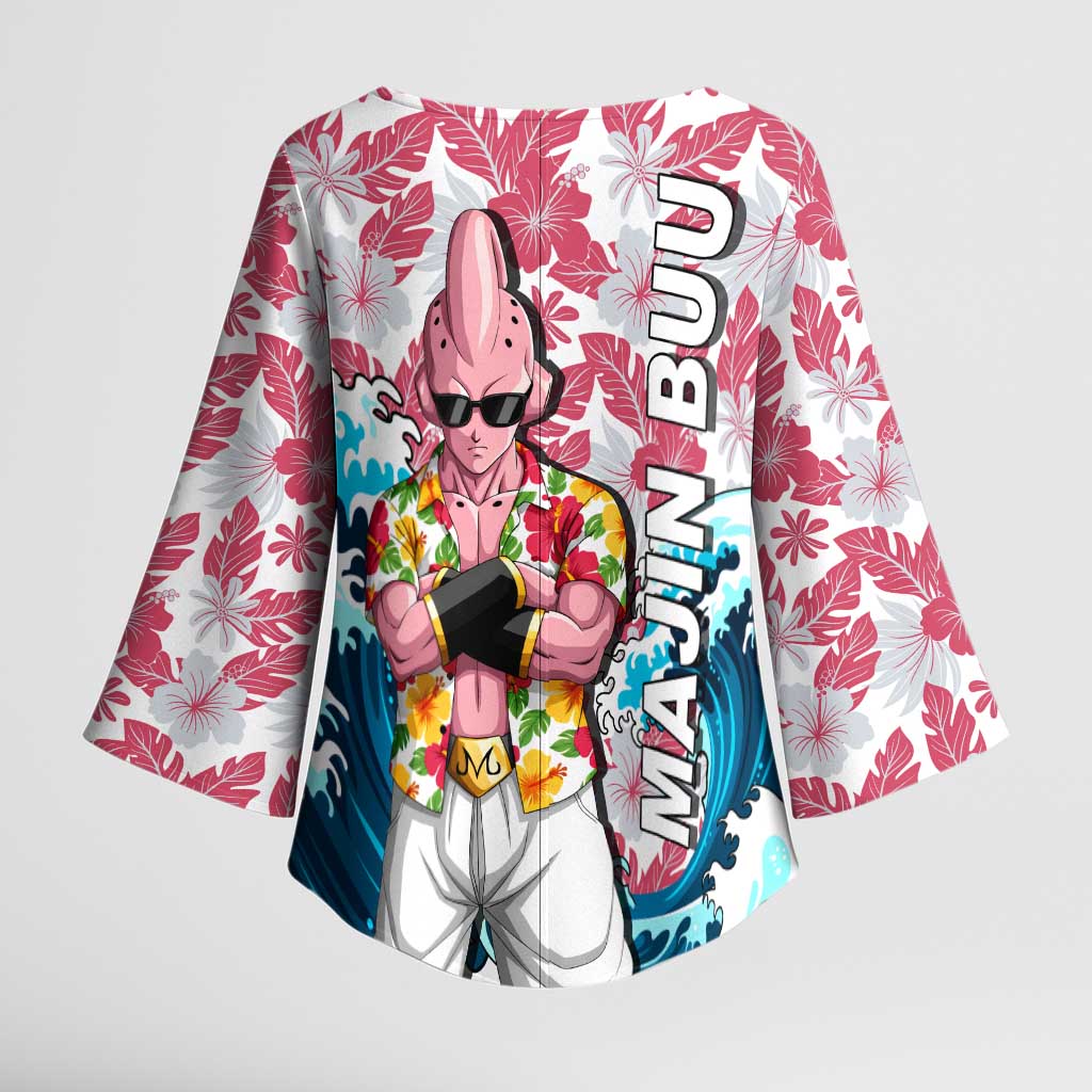 Majin Buu Dragon Ball Summer Theme Kimono Sleeve Blouse with Floral Shirt Sunglasses Shenron and Ocean Wave Background - The Mazicc