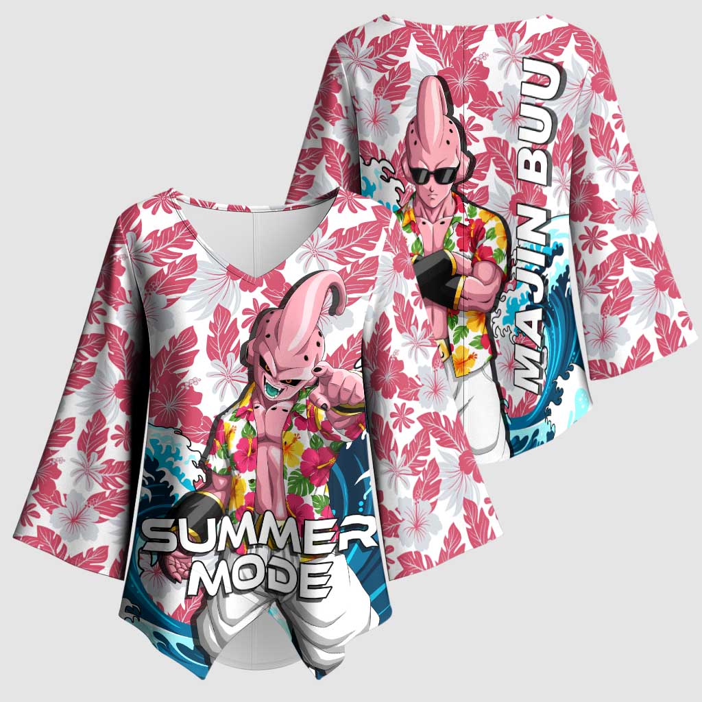 Majin Buu Dragon Ball Summer Theme Kimono Sleeve Blouse with Floral Shirt Sunglasses Shenron and Ocean Wave Background - The Mazicc