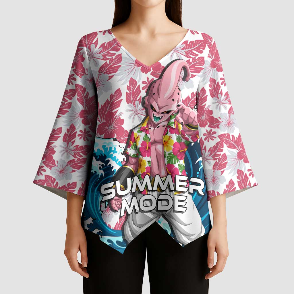 Majin Buu Dragon Ball Summer Theme Kimono Sleeve Blouse with Floral Shirt Sunglasses Shenron and Ocean Wave Background - The Mazicc