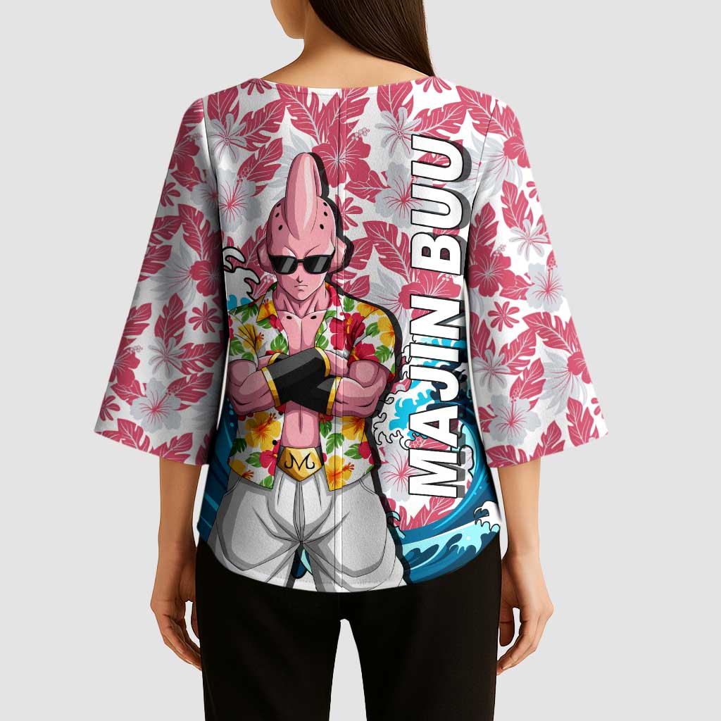 Majin Buu Dragon Ball Summer Theme Kimono Sleeve Blouse with Floral Shirt Sunglasses Shenron and Ocean Wave Background - The Mazicc