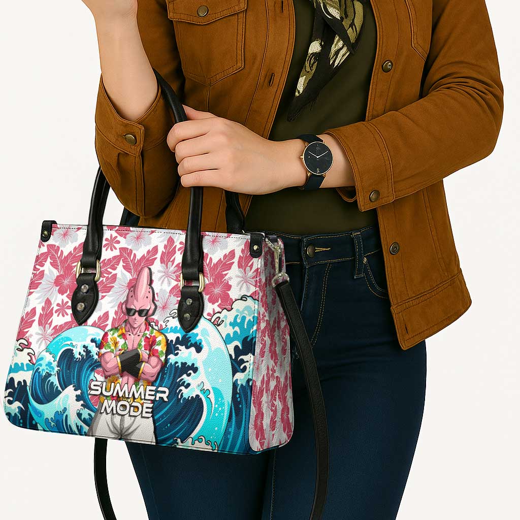 Majin Buu Dragon Ball Summer Theme Leather Bag with Floral Shirt Sunglasses Shenron and Ocean Wave Background - The Mazicc