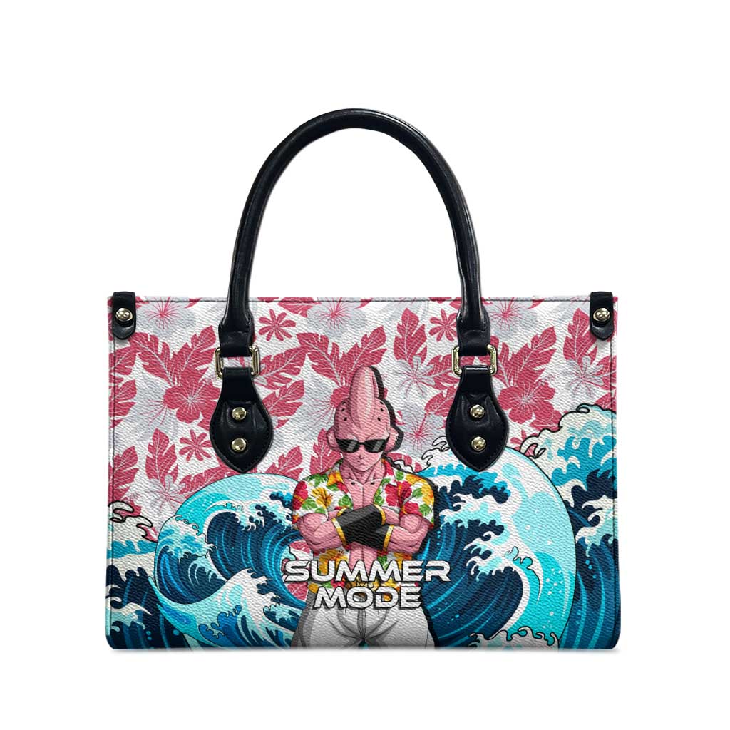 Majin Buu Dragon Ball Summer Theme Leather Bag with Floral Shirt Sunglasses Shenron and Ocean Wave Background - The Mazicc
