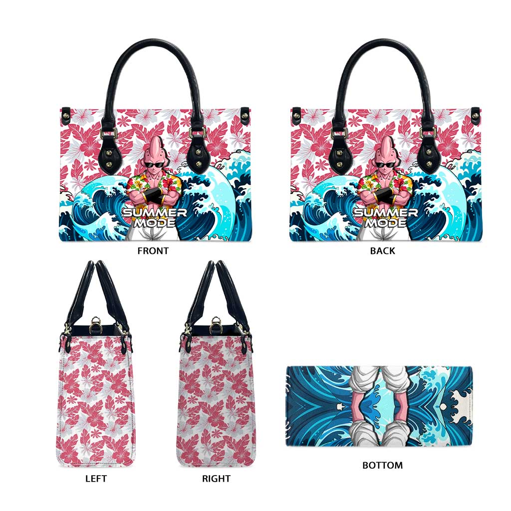 Majin Buu Dragon Ball Summer Theme Leather Bag with Floral Shirt Sunglasses Shenron and Ocean Wave Background - The Mazicc