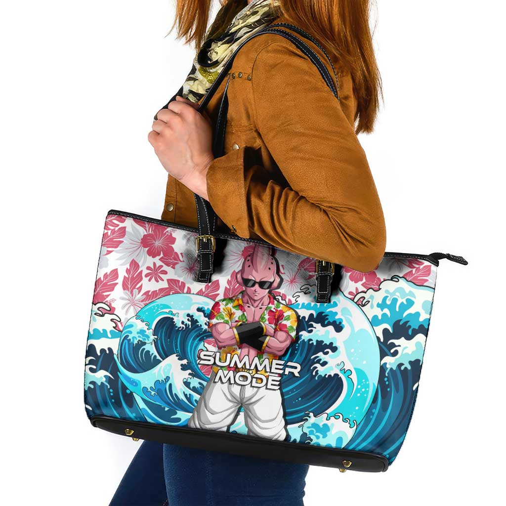 Majin Buu Dragon Ball Summer Theme Leather Tote Bag with Floral Shirt Sunglasses Shenron and Ocean Wave Background - The Mazicc