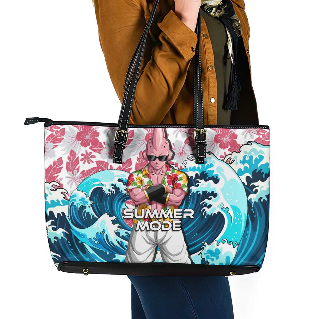 Majin Buu Dragon Ball Summer Theme Leather Tote Bag with Floral Shirt Sunglasses Shenron and Ocean Wave Background - The Mazicc