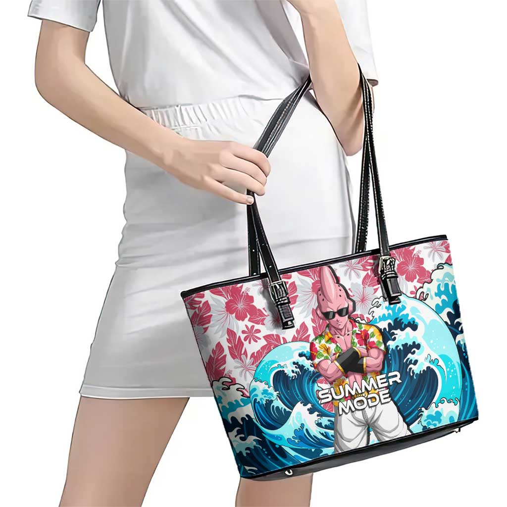 Majin Buu Dragon Ball Summer Theme Leather Tote Bag with Floral Shirt Sunglasses Shenron and Ocean Wave Background - The Mazicc