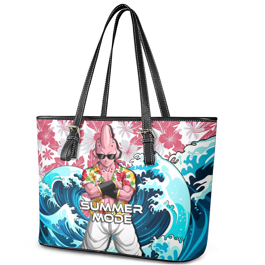 Majin Buu Dragon Ball Summer Theme Leather Tote Bag with Floral Shirt Sunglasses Shenron and Ocean Wave Background - The Mazicc