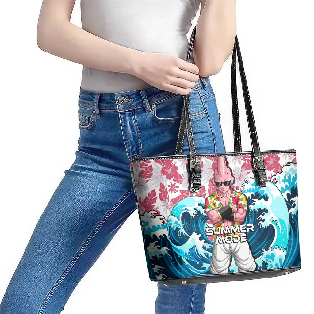 Majin Buu Dragon Ball Summer Theme Leather Tote Bag with Floral Shirt Sunglasses Shenron and Ocean Wave Background - The Mazicc