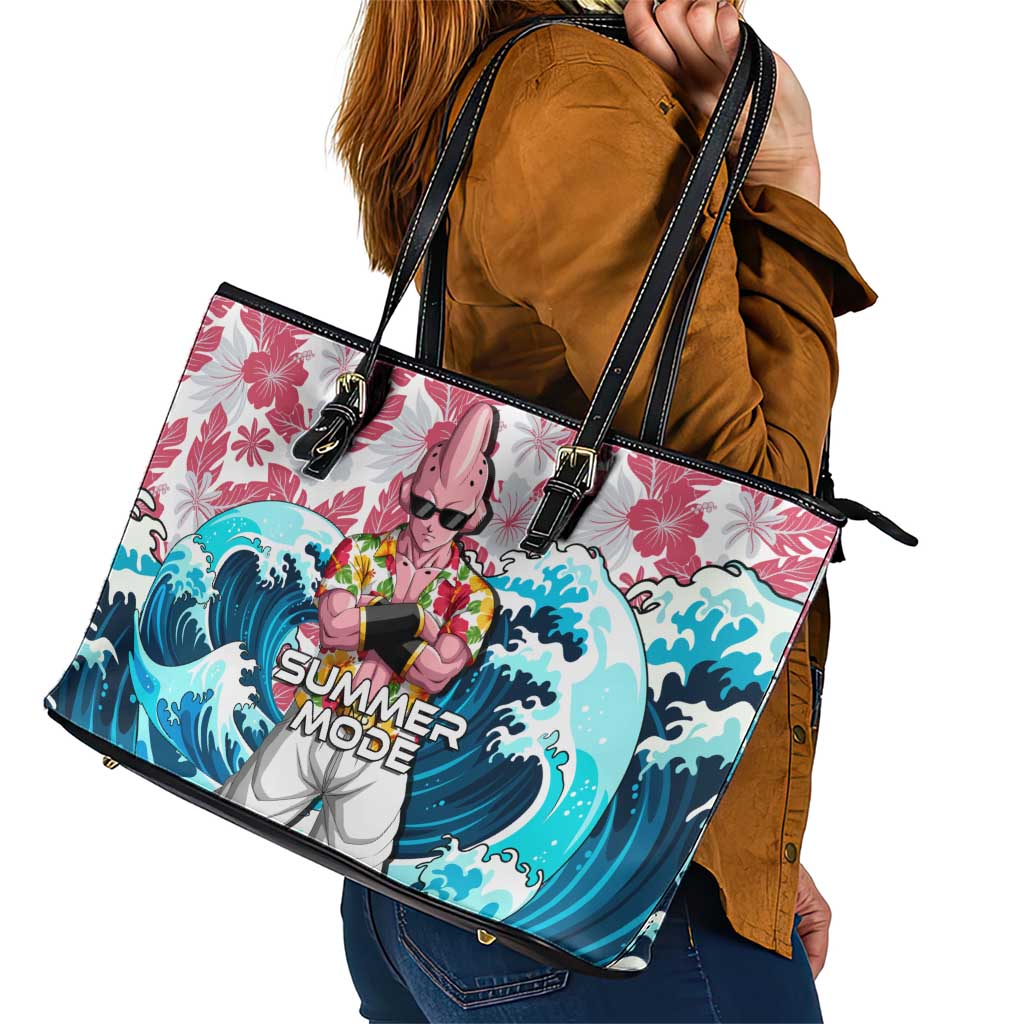 Majin Buu Dragon Ball Summer Theme Leather Tote Bag with Floral Shirt Sunglasses Shenron and Ocean Wave Background - The Mazicc