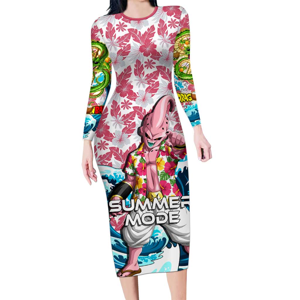 Majin Buu Dragon Ball Summer Theme Long Sleeve Bodycon Dress with Floral Shirt Sunglasses Shenron and Ocean Wave Background - The Mazicc