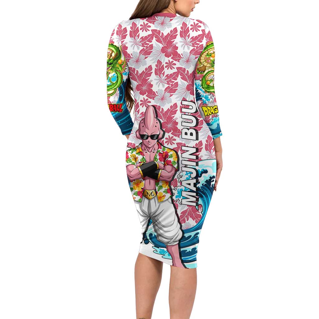 Majin Buu Dragon Ball Summer Theme Long Sleeve Bodycon Dress with Floral Shirt Sunglasses Shenron and Ocean Wave Background - The Mazicc