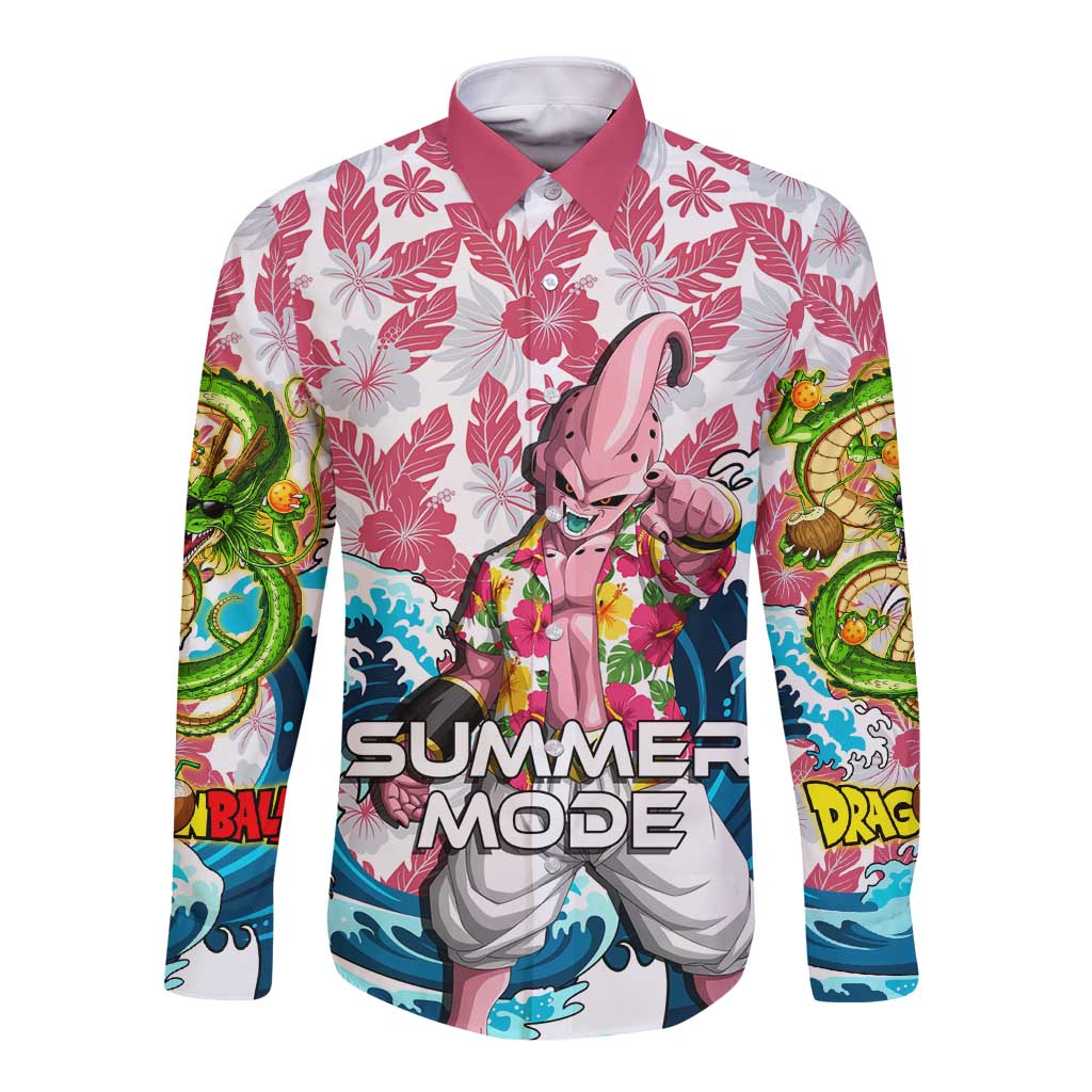 Majin Buu Dragon Ball Summer Theme Long Sleeve Button Shirt with Floral Shirt Sunglasses Shenron and Ocean Wave Background - The Mazicc