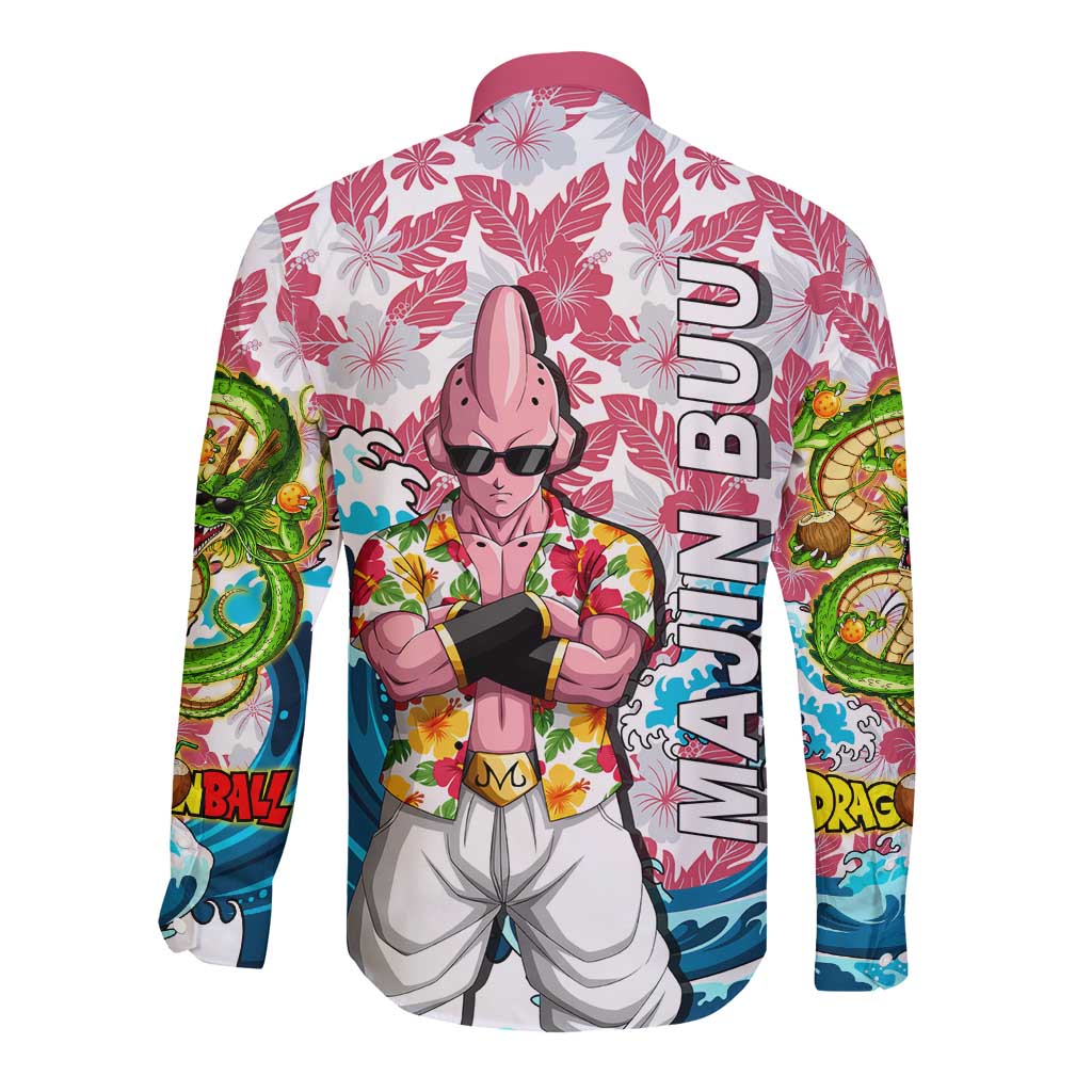 Majin Buu Dragon Ball Summer Theme Long Sleeve Button Shirt with Floral Shirt Sunglasses Shenron and Ocean Wave Background - The Mazicc