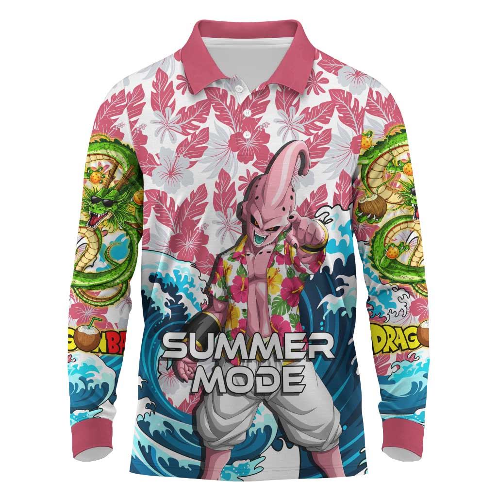 Majin Buu Dragon Ball Summer Theme Long Sleeve Polo Shirt with Floral Shirt Sunglasses Shenron and Ocean Wave Background - The Mazicc
