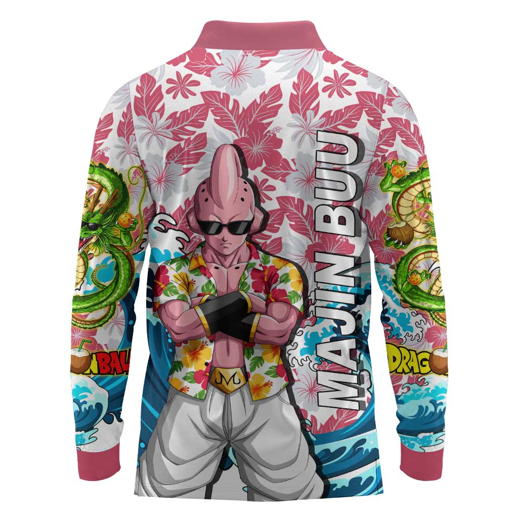 Majin Buu Dragon Ball Summer Theme Long Sleeve Polo Shirt with Floral Shirt Sunglasses Shenron and Ocean Wave Background - The Mazicc