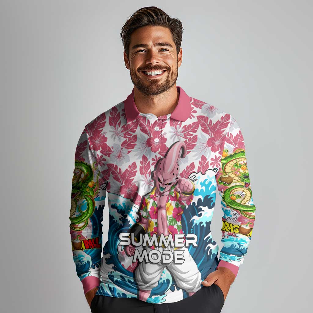 Majin Buu Dragon Ball Summer Theme Long Sleeve Polo Shirt with Floral Shirt Sunglasses Shenron and Ocean Wave Background - The Mazicc