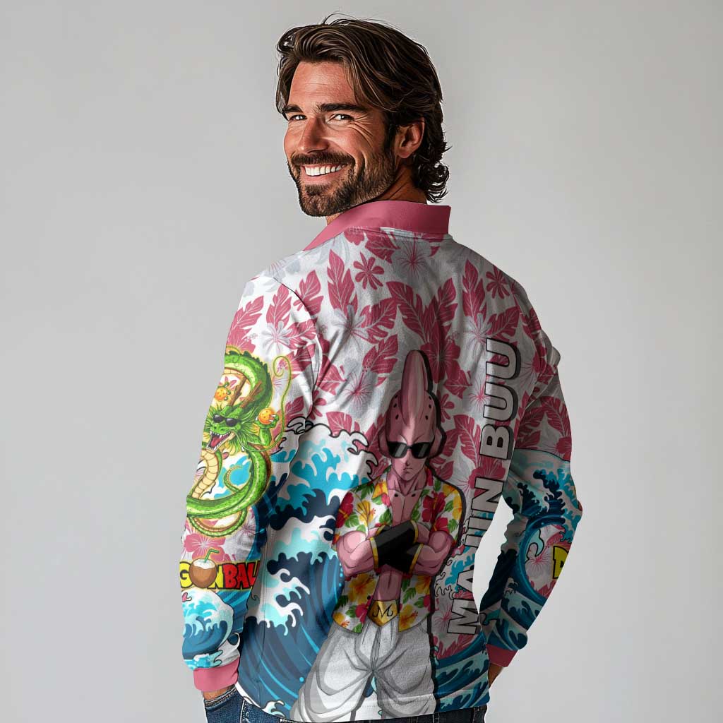Majin Buu Dragon Ball Summer Theme Long Sleeve Polo Shirt with Floral Shirt Sunglasses Shenron and Ocean Wave Background - The Mazicc