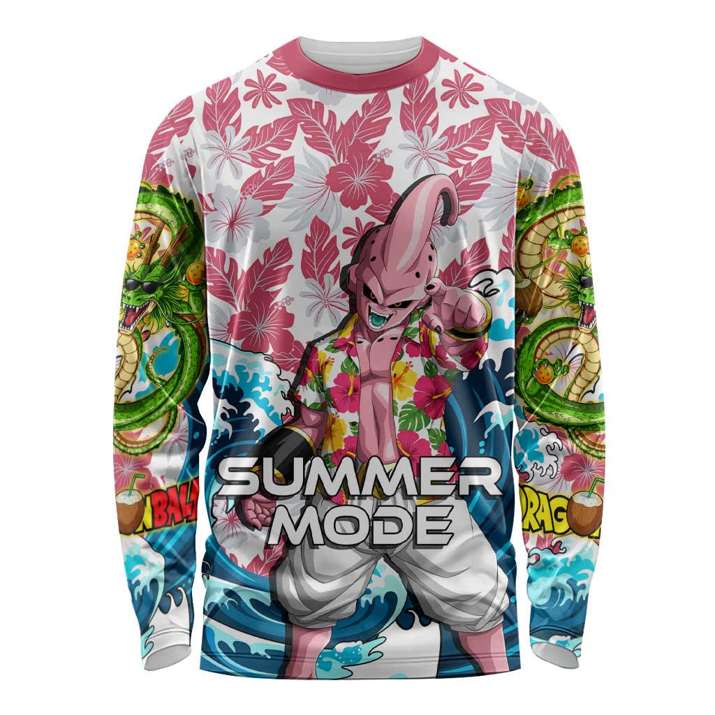 Majin Buu Dragon Ball Summer Theme Long Sleeve Shirt with Floral Shirt Sunglasses Shenron and Ocean Wave Background - The Mazicc