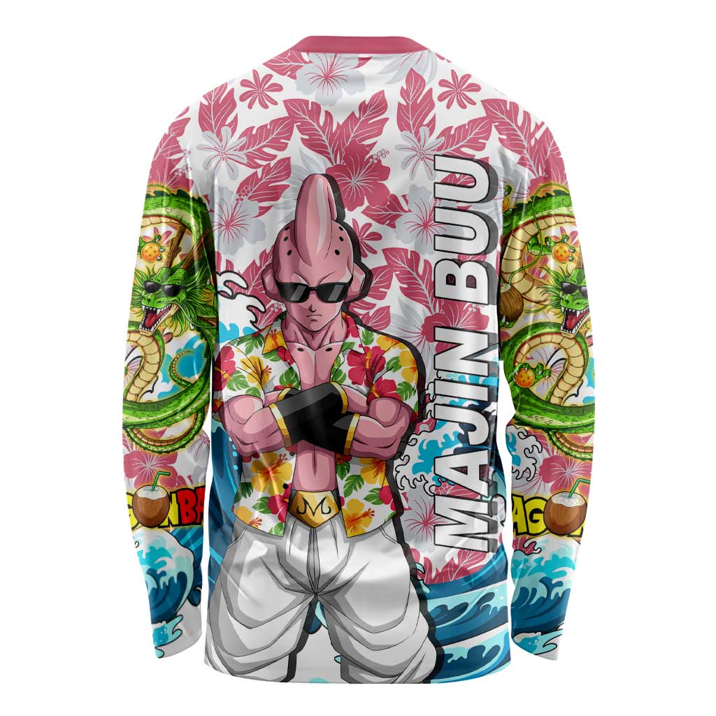 Majin Buu Dragon Ball Summer Theme Long Sleeve Shirt with Floral Shirt Sunglasses Shenron and Ocean Wave Background - The Mazicc