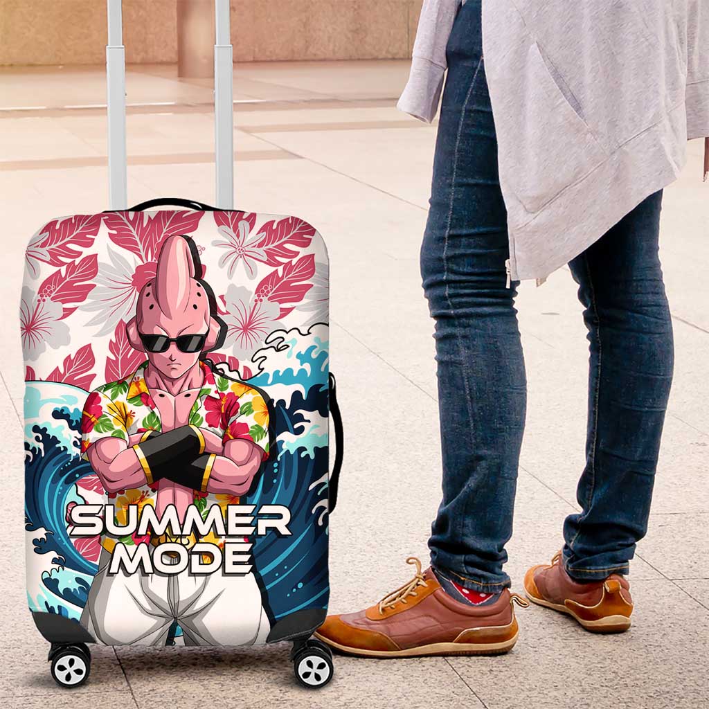 Majin Buu Dragon Ball Summer Theme Luggage Cover with Floral Shirt Sunglasses Shenron and Ocean Wave Background - The Mazicc