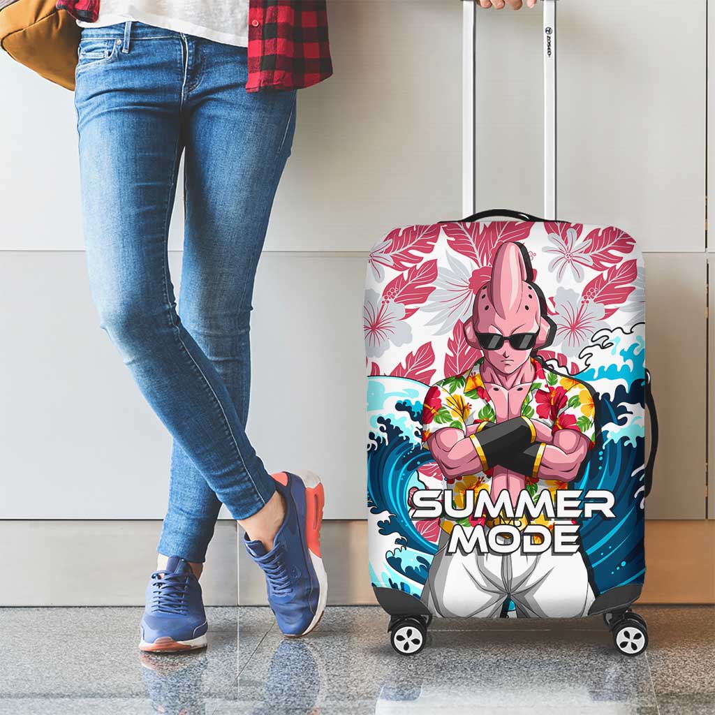 Majin Buu Dragon Ball Summer Theme Luggage Cover with Floral Shirt Sunglasses Shenron and Ocean Wave Background - The Mazicc