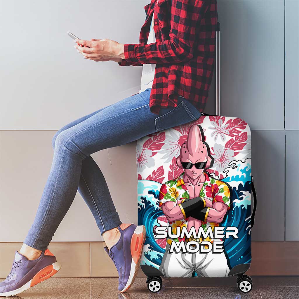 Majin Buu Dragon Ball Summer Theme Luggage Cover with Floral Shirt Sunglasses Shenron and Ocean Wave Background - The Mazicc