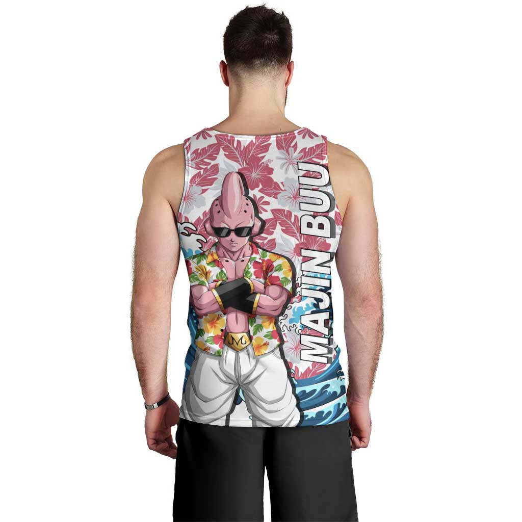 Majin Buu Dragon Ball Summer Theme Men Tank Top with Floral Shirt Sunglasses Shenron and Ocean Wave Background - The Mazicc