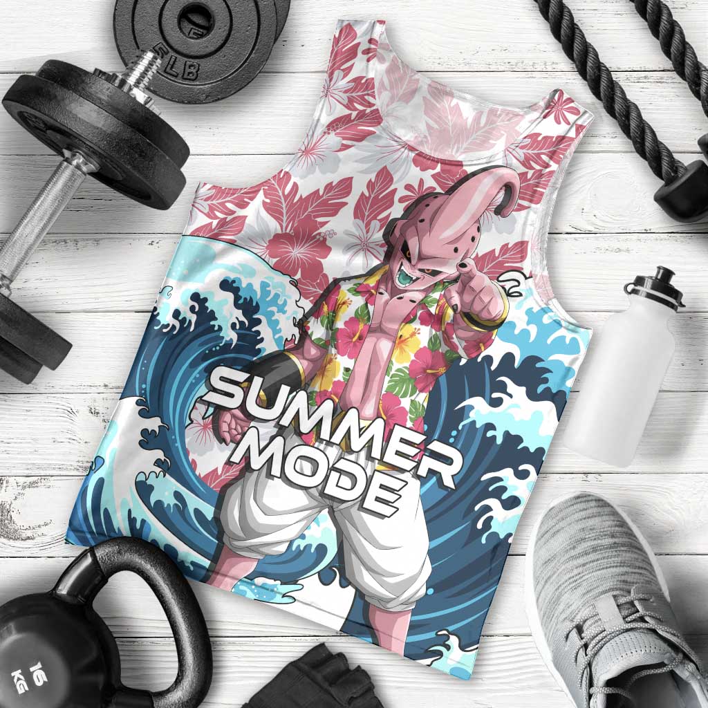 Majin Buu Dragon Ball Summer Theme Men Tank Top with Floral Shirt Sunglasses Shenron and Ocean Wave Background - The Mazicc