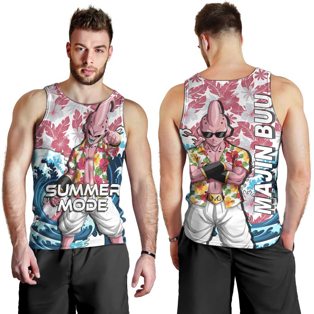 Majin Buu Dragon Ball Summer Theme Men Tank Top with Floral Shirt Sunglasses Shenron and Ocean Wave Background - The Mazicc