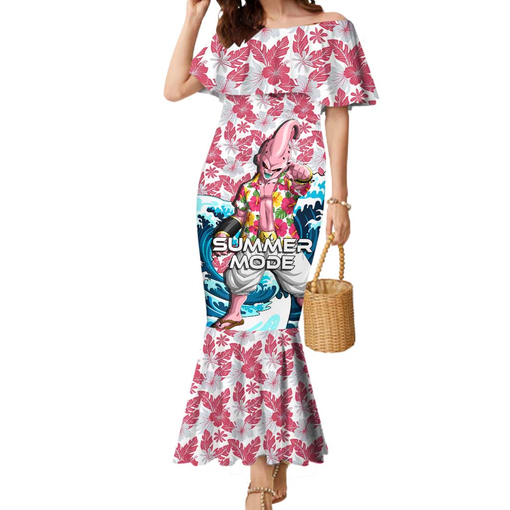 Majin Buu Dragon Ball Summer Theme Mermaid Dress with Floral Shirt Sunglasses Shenron and Ocean Wave Background - The Mazicc