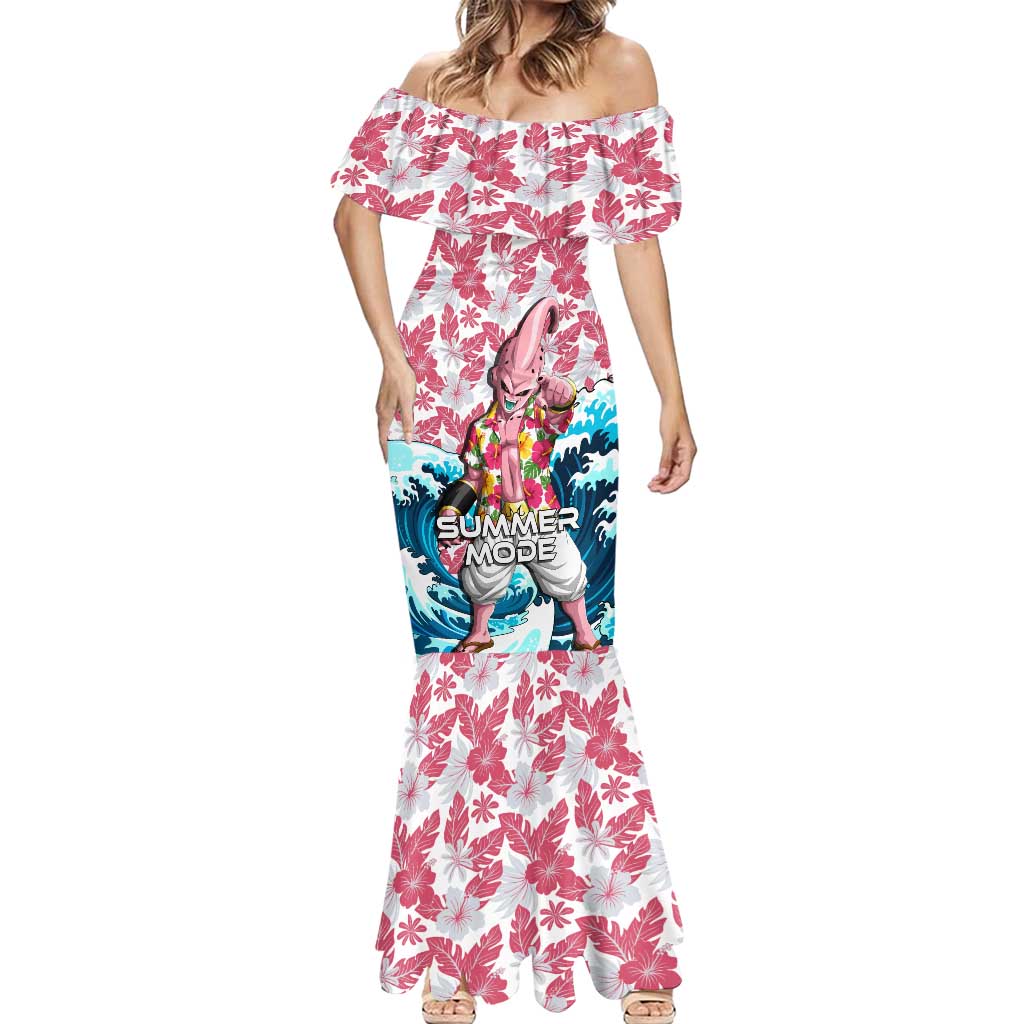 Majin Buu Dragon Ball Summer Theme Mermaid Dress with Floral Shirt Sunglasses Shenron and Ocean Wave Background - The Mazicc