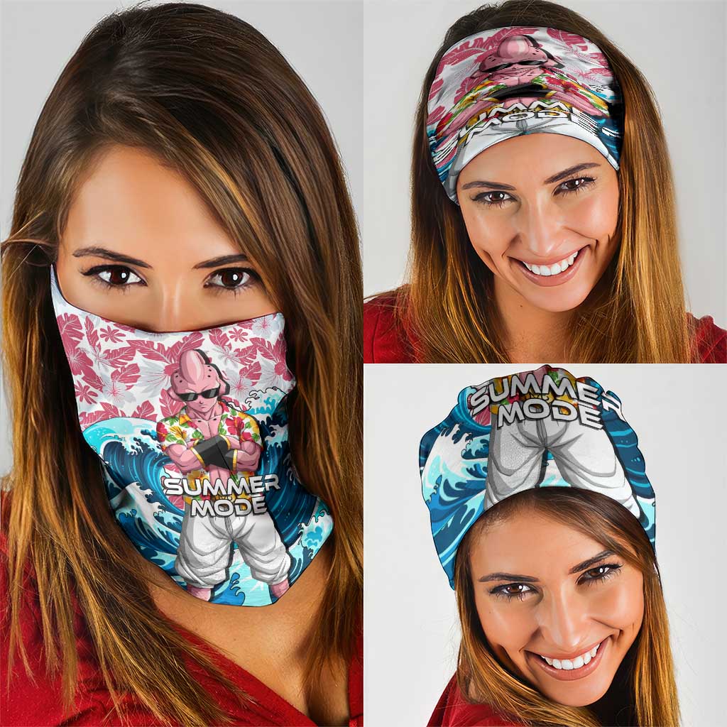 Majin Buu Dragon Ball Summer Theme Neck Gaiter with Floral Shirt Sunglasses Shenron and Ocean Wave Background - The Mazicc