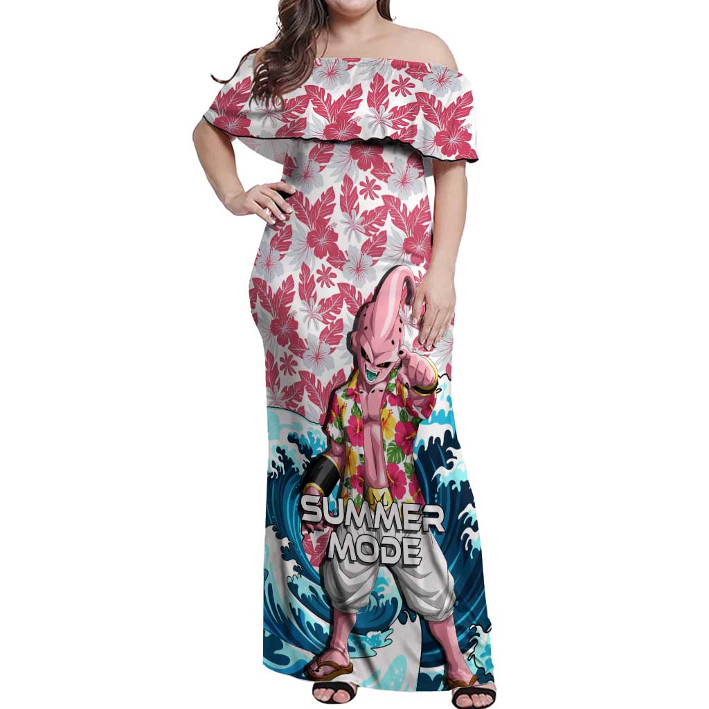 Majin Buu Dragon Ball Summer Theme Off Shoulder Maxi Dress with Floral Shirt Sunglasses Shenron and Ocean Wave Background - The Mazicc