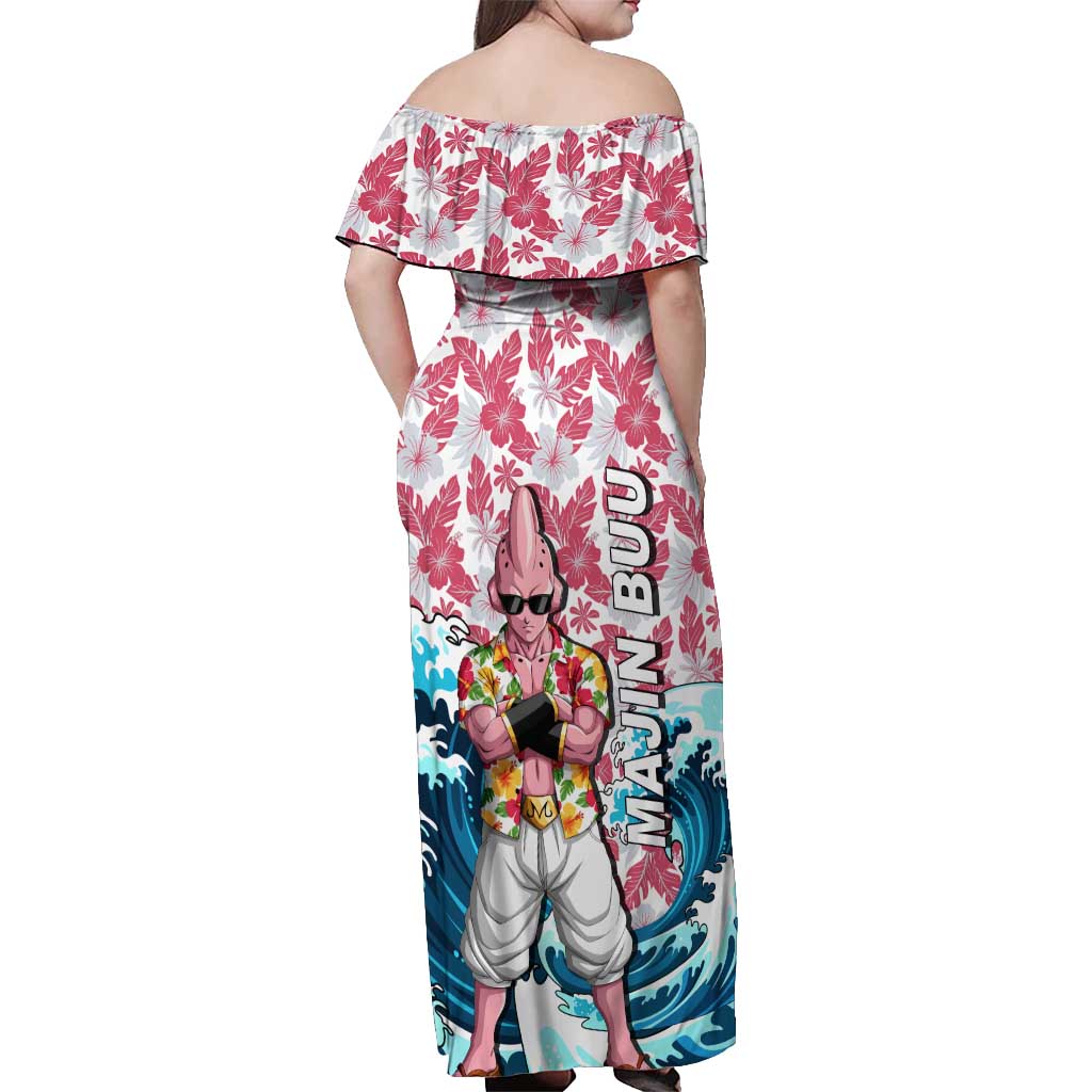 Majin Buu Dragon Ball Summer Theme Off Shoulder Maxi Dress with Floral Shirt Sunglasses Shenron and Ocean Wave Background - The Mazicc