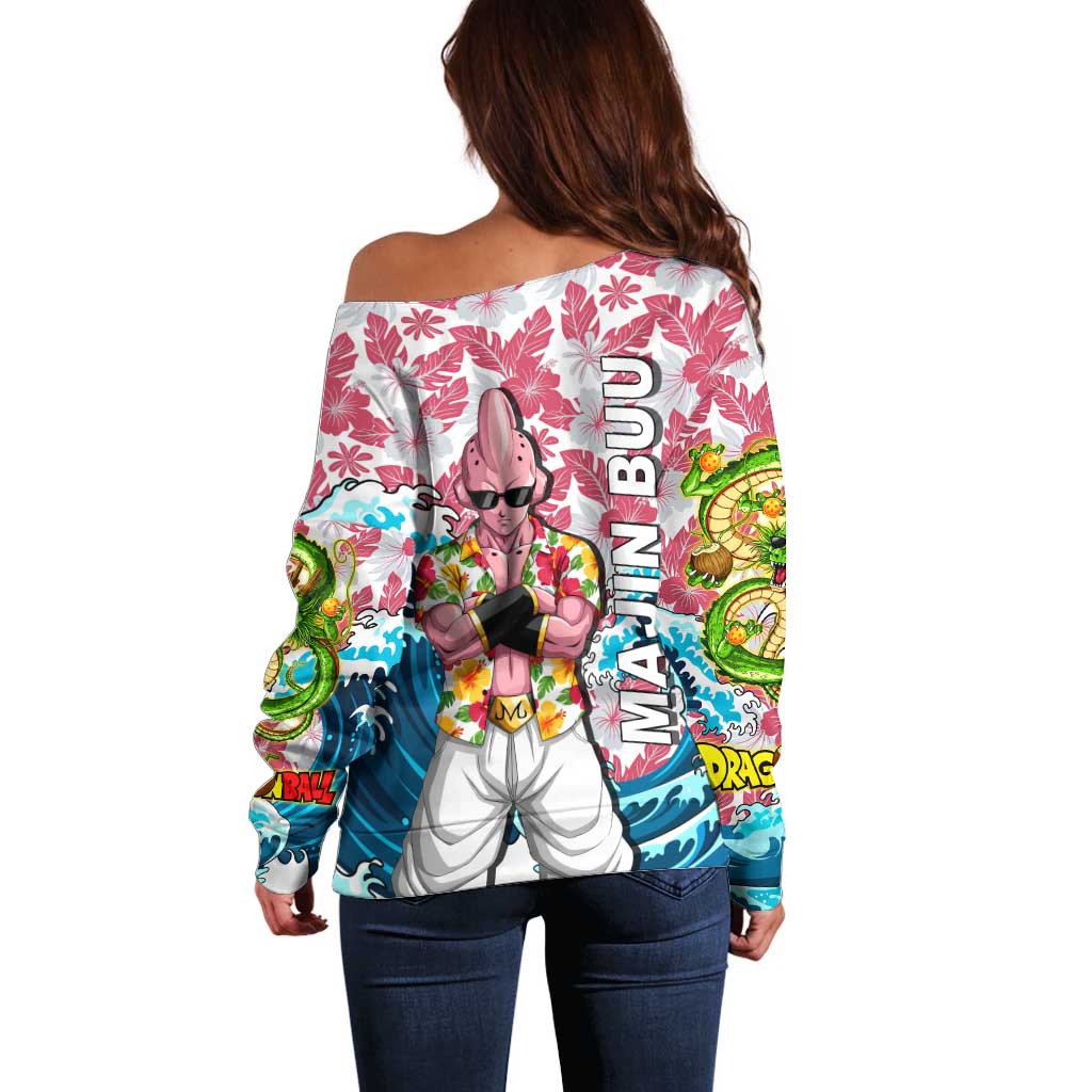 Majin Buu Dragon Ball Summer Theme Off Shoulder Sweater with Floral Shirt Sunglasses Shenron and Ocean Wave Background - The Mazicc