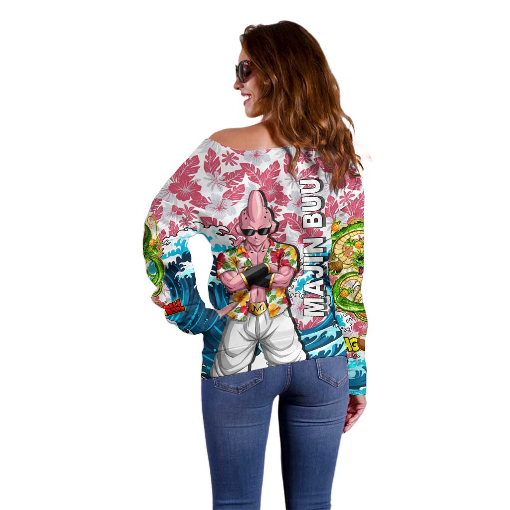 Majin Buu Dragon Ball Summer Theme Off Shoulder Sweater with Floral Shirt Sunglasses Shenron and Ocean Wave Background - The Mazicc