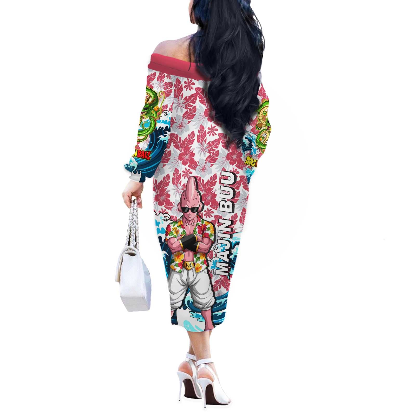 Majin Buu Dragon Ball Summer Theme Off The Shoulder Long Sleeve Dress with Floral Shirt Sunglasses Shenron and Ocean Wave Background - The Mazicc
