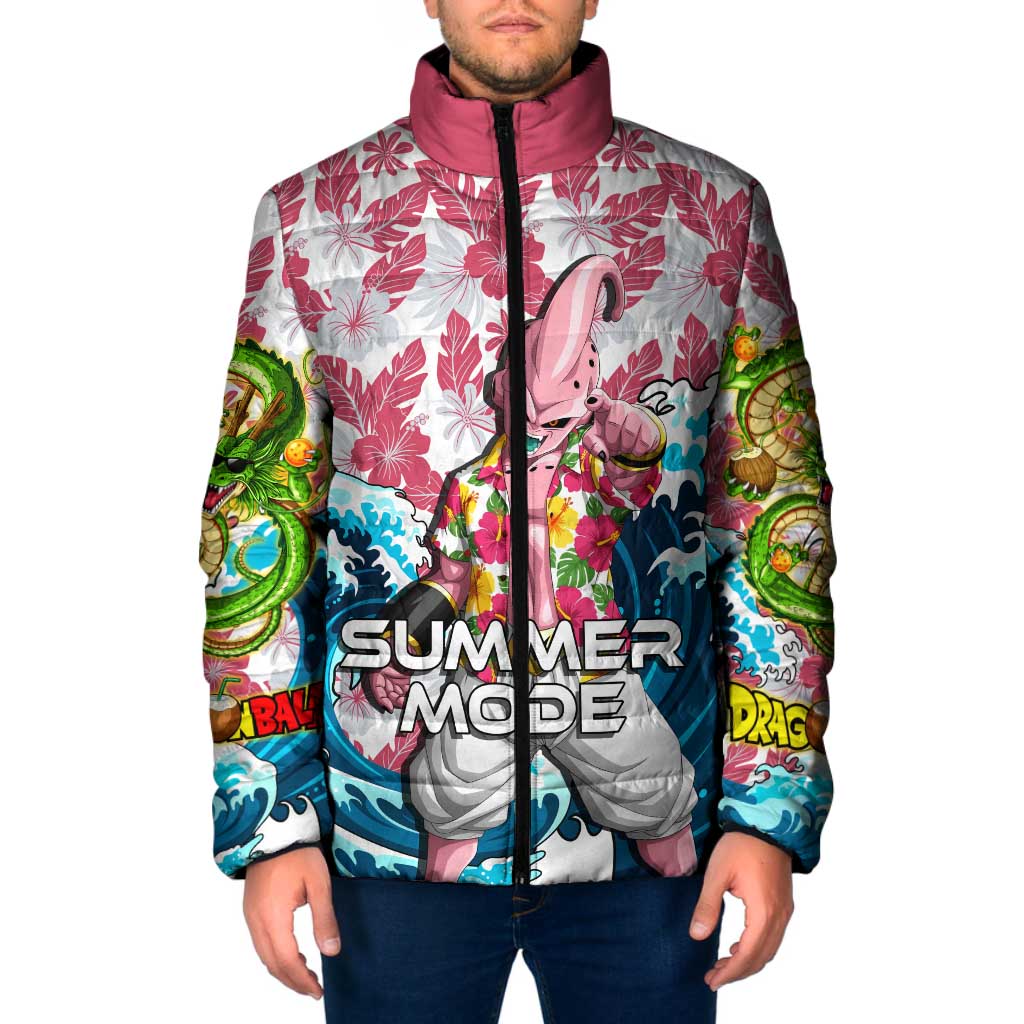 Majin Buu Dragon Ball Summer Theme Padded Jacket with Floral Shirt Sunglasses Shenron and Ocean Wave Background - The Mazicc
