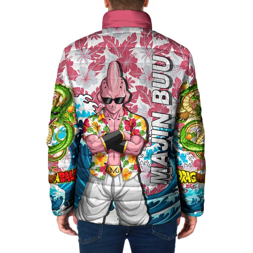 Majin Buu Dragon Ball Summer Theme Padded Jacket with Floral Shirt Sunglasses Shenron and Ocean Wave Background - The Mazicc