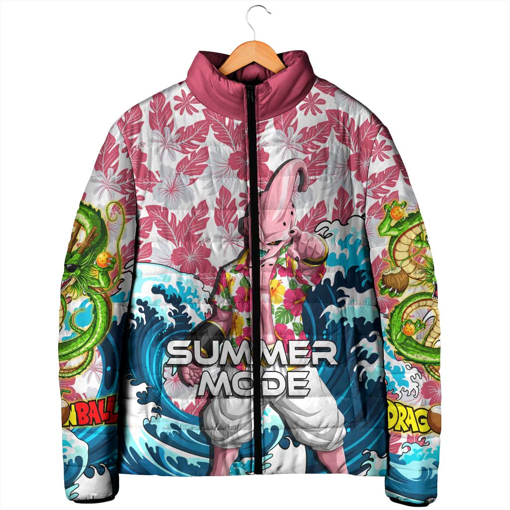 Majin Buu Dragon Ball Summer Theme Padded Jacket with Floral Shirt Sunglasses Shenron and Ocean Wave Background - The Mazicc