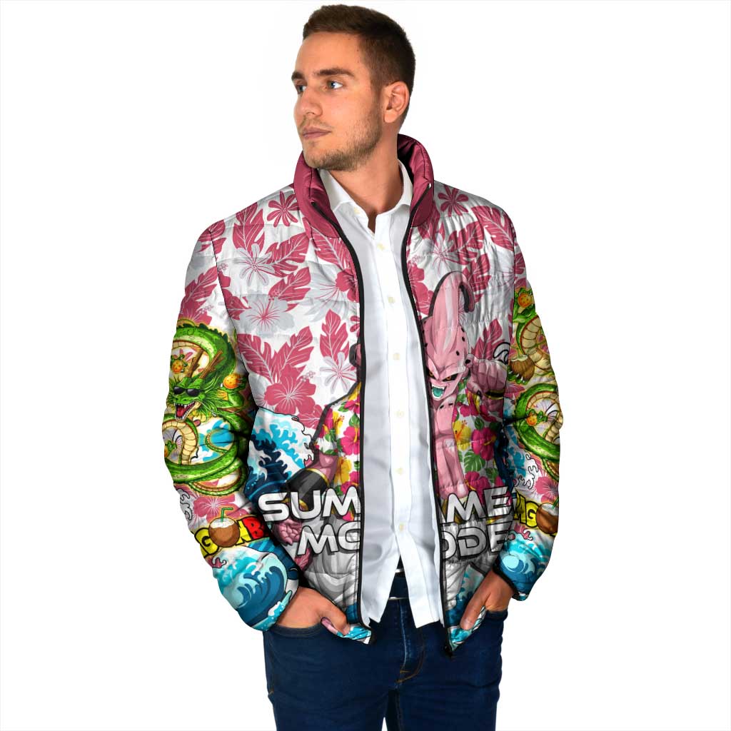 Majin Buu Dragon Ball Summer Theme Padded Jacket with Floral Shirt Sunglasses Shenron and Ocean Wave Background - The Mazicc