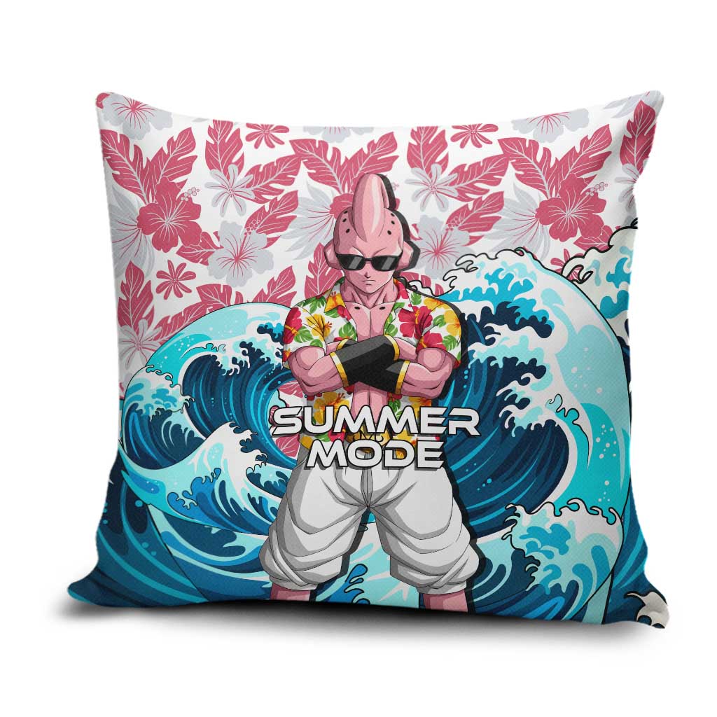 Majin Buu Dragon Ball Summer Theme Pillow Cover with Floral Shirt Sunglasses Shenron and Ocean Wave Background - The Mazicc
