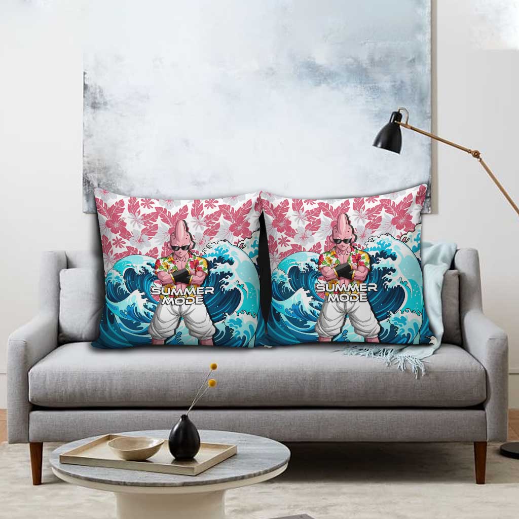 Majin Buu Dragon Ball Summer Theme Pillow Cover with Floral Shirt Sunglasses Shenron and Ocean Wave Background - The Mazicc