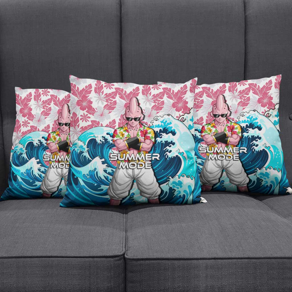 Majin Buu Dragon Ball Summer Theme Pillow Cover with Floral Shirt Sunglasses Shenron and Ocean Wave Background - The Mazicc